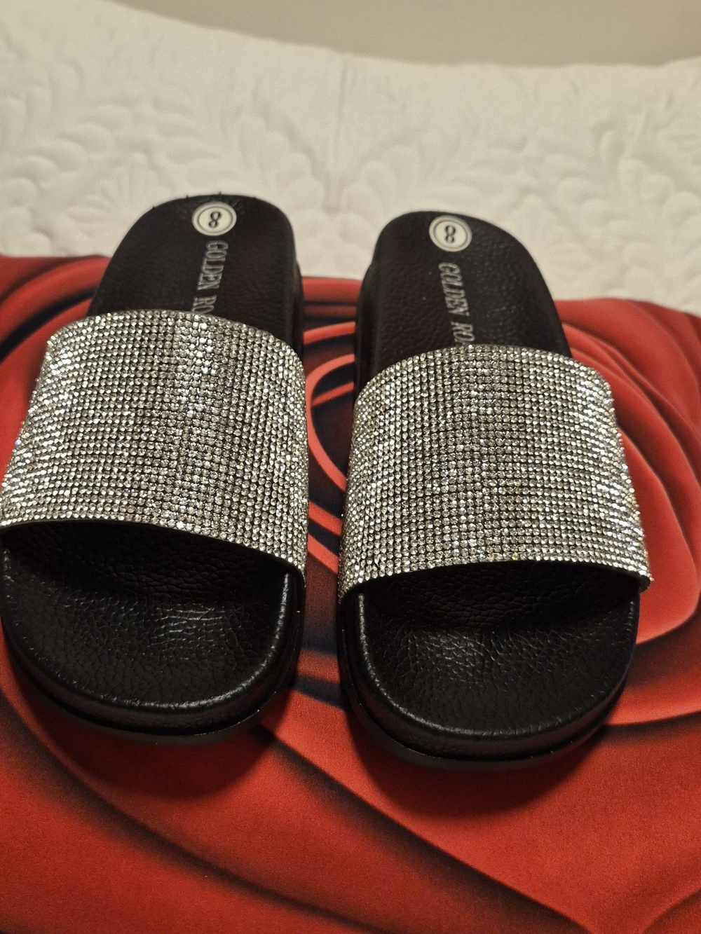 Women's Black Slide Sandals with Rhinestone Strap